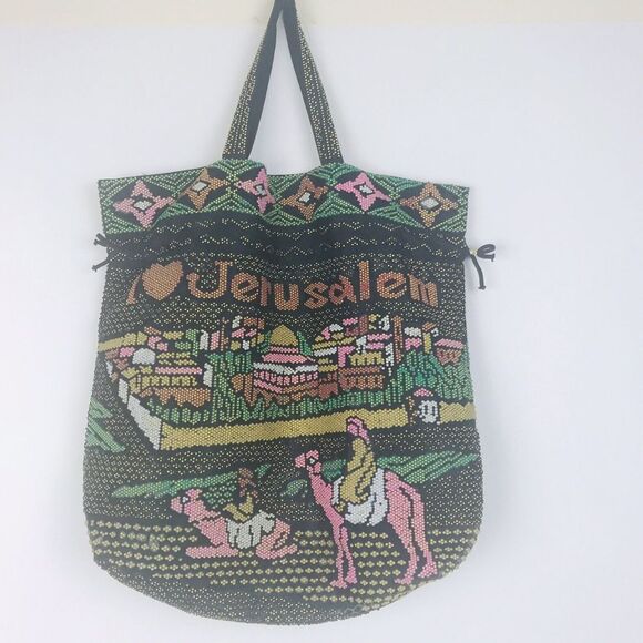 Handbags - Jerusalem Israel Black Beaded Tote Bag Camel Shoulder Drawstring‎